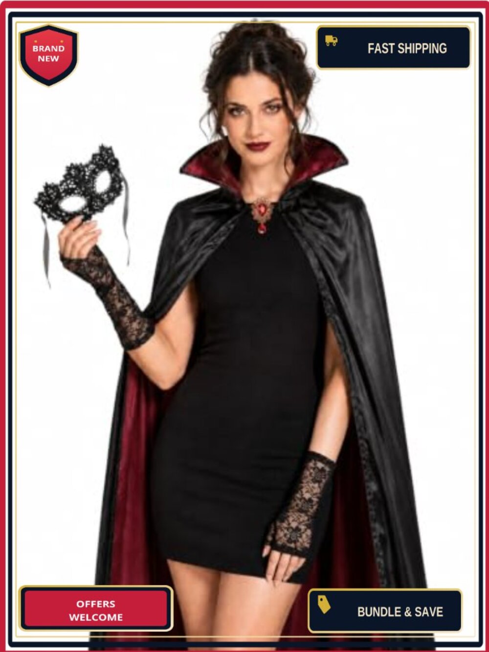 Vampire Costume Set Cape Lace Mask Gloves Brooch Halloween Cosplay